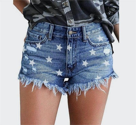 Ripped tassels star loose denim shorts