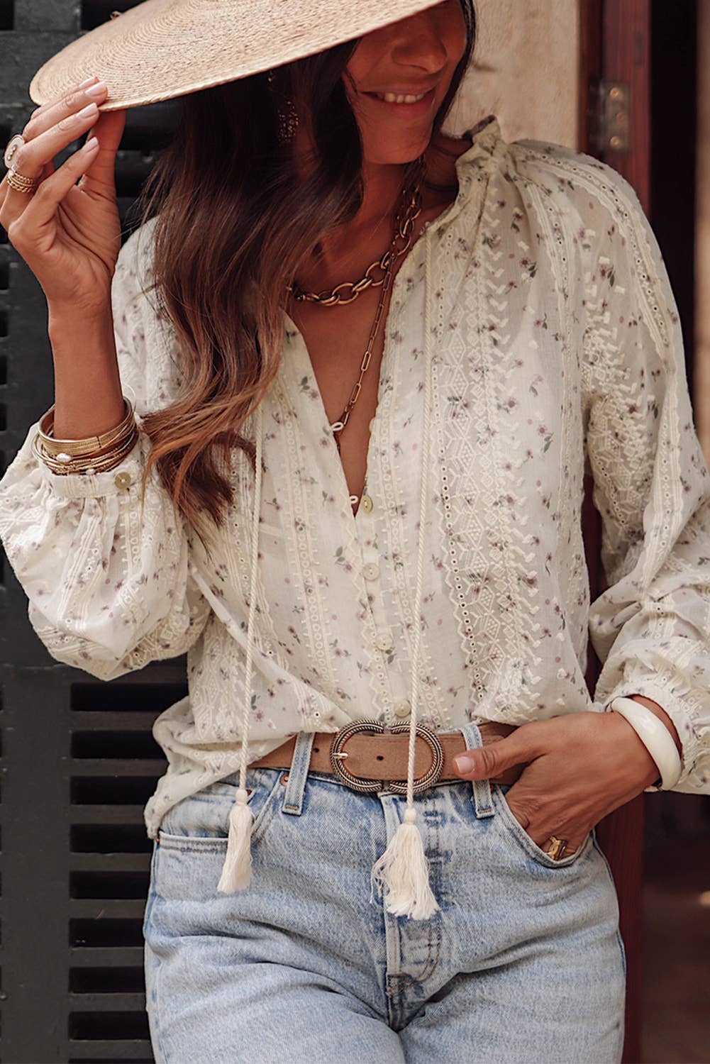 Floral Embroidered Lace Bubble Sleeve Shirt