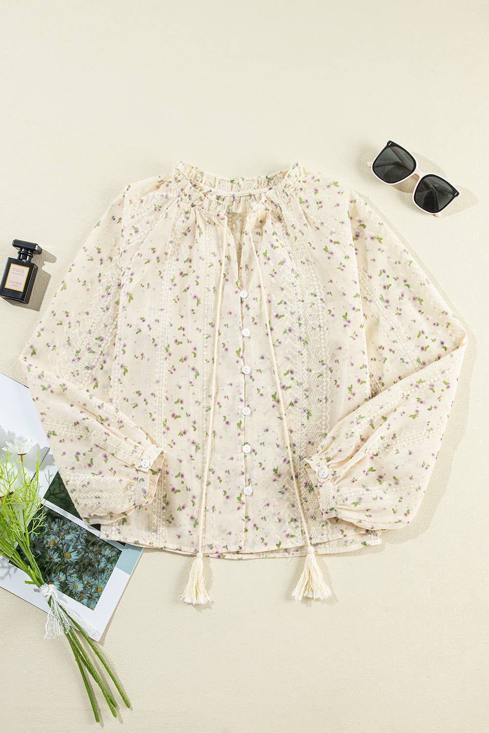 Floral Embroidered Lace Bubble Sleeve Shirt