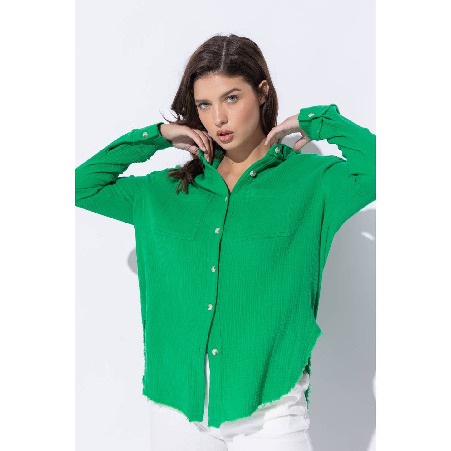 WRINKLED GAUZE BUTTON DOWN SHIRT WITH ROUGH EDGING
