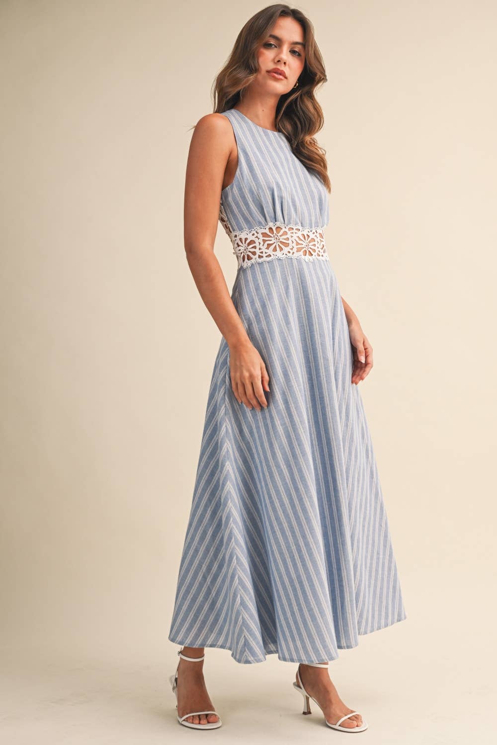IDA1050 STRIPED  LACE TRIM OPEN BACK DETAIL MIDI DRESS