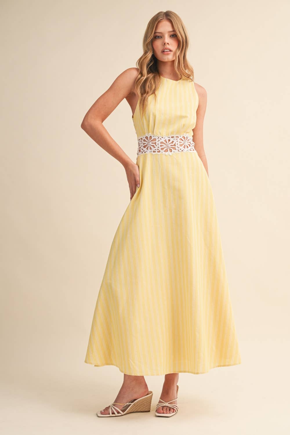 IDA1050 STRIPED  LACE TRIM OPEN BACK DETAIL MIDI DRESS