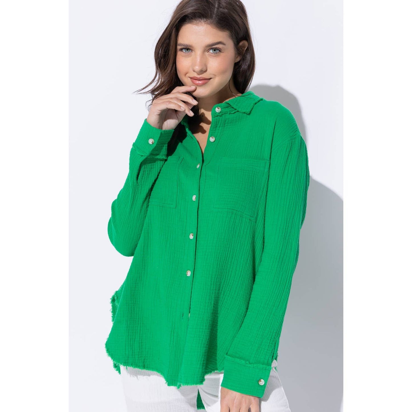 WRINKLED GAUZE BUTTON DOWN SHIRT WITH ROUGH EDGING