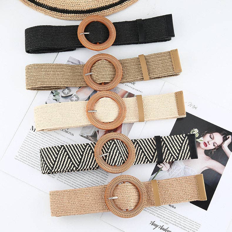 Straw Braided Belt With Round Buckle