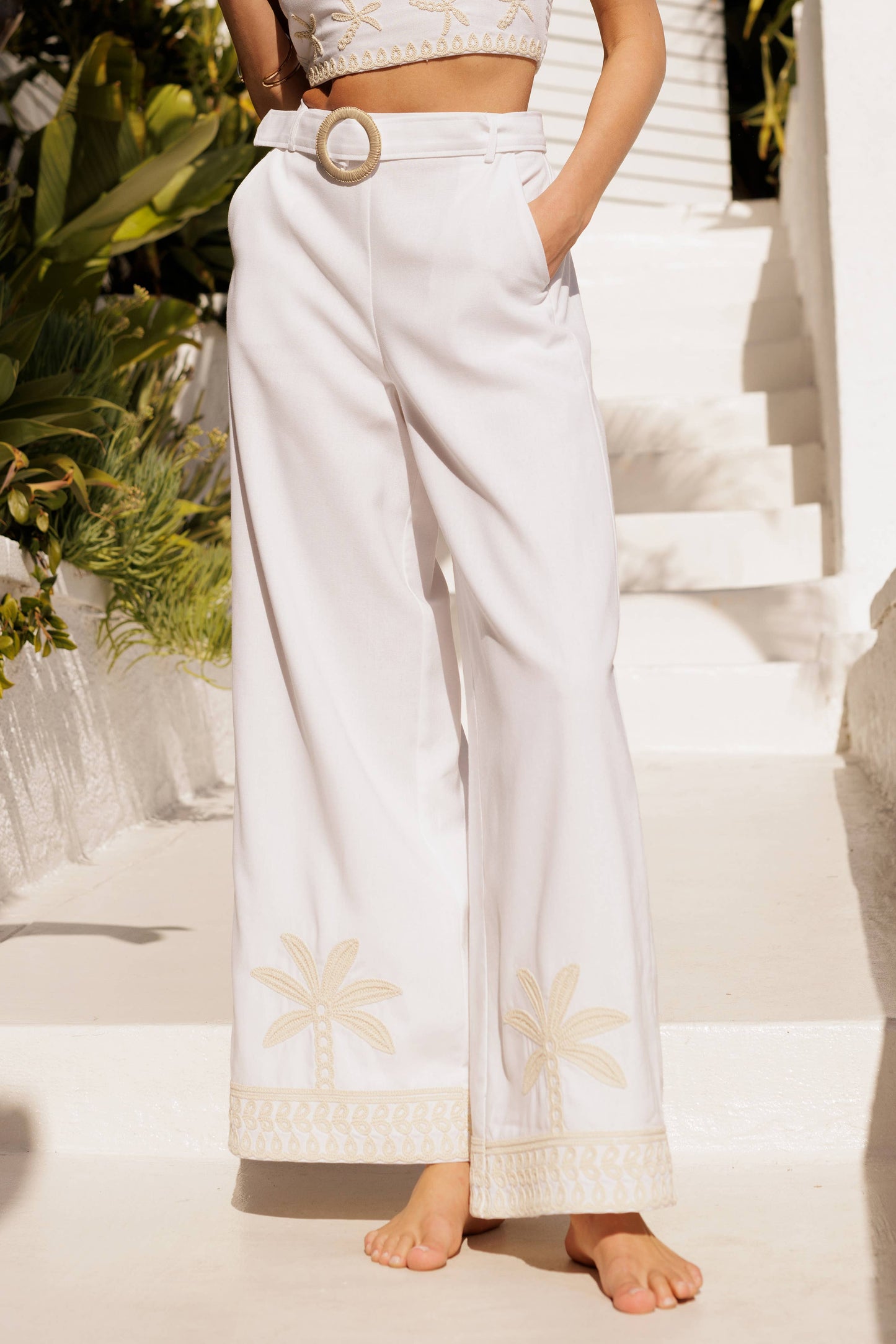 Embroidered Coastal Wide Leg Pants