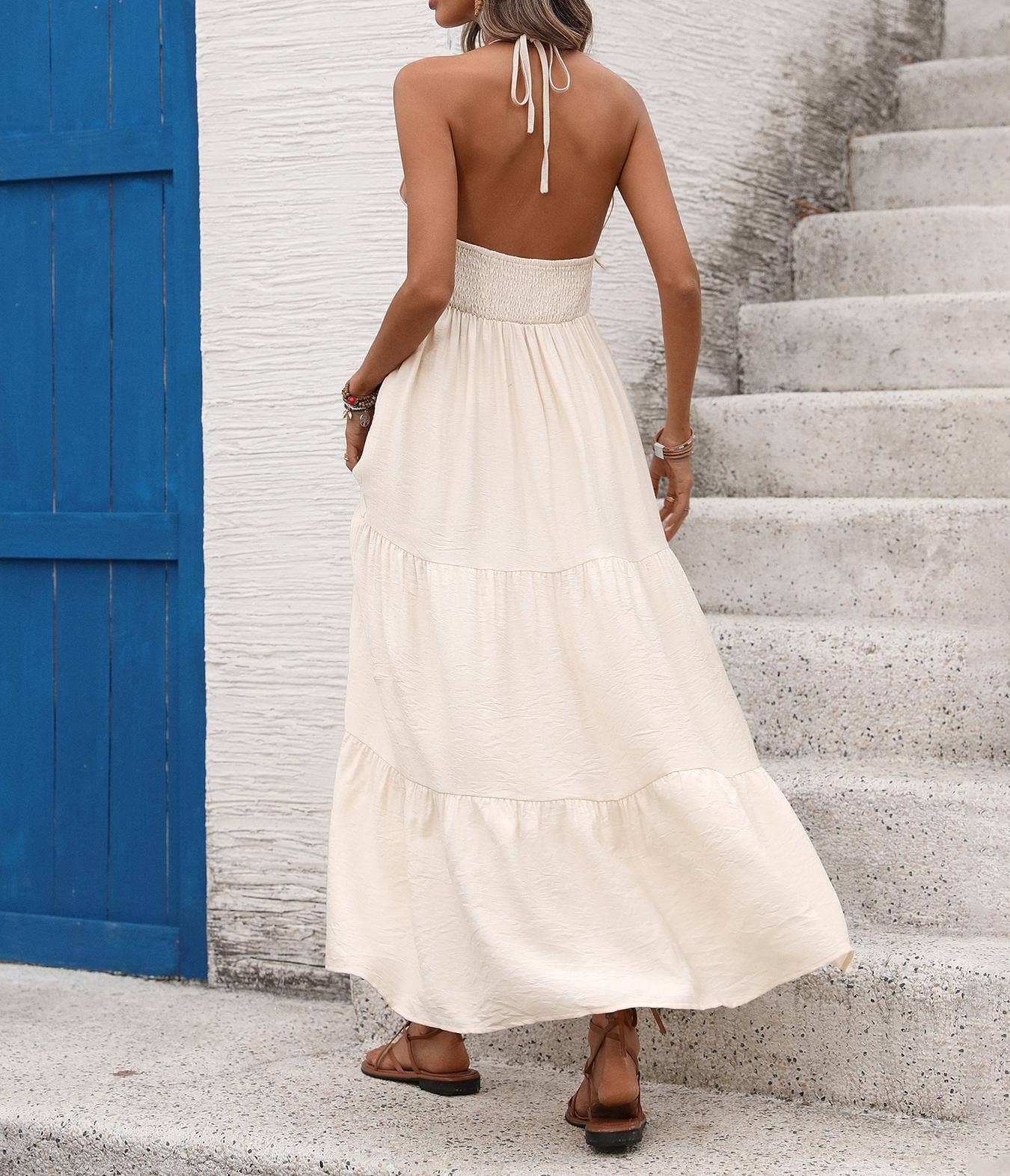 Sleeveless Halter Maxi Dress with Deep V Neck Tassel Trim