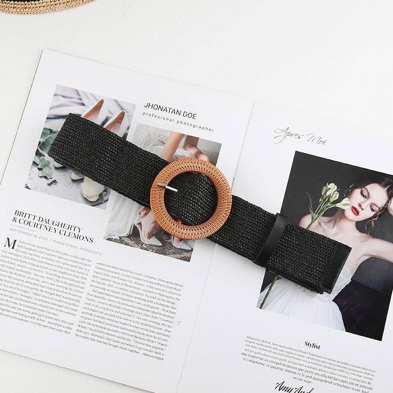 Straw Braided Belt With Round Buckle