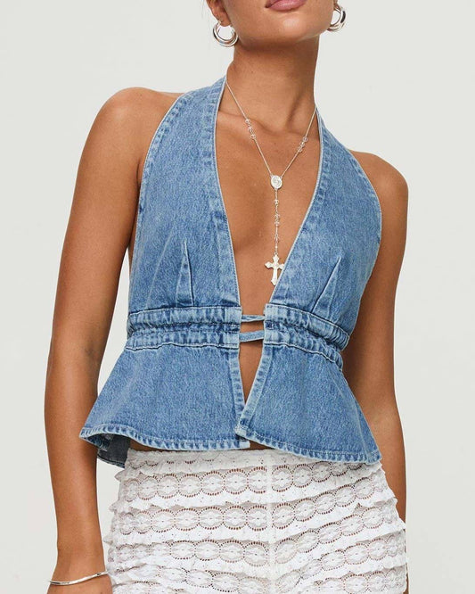 Stylish Sexy Halterneck Strappy Denim Vest